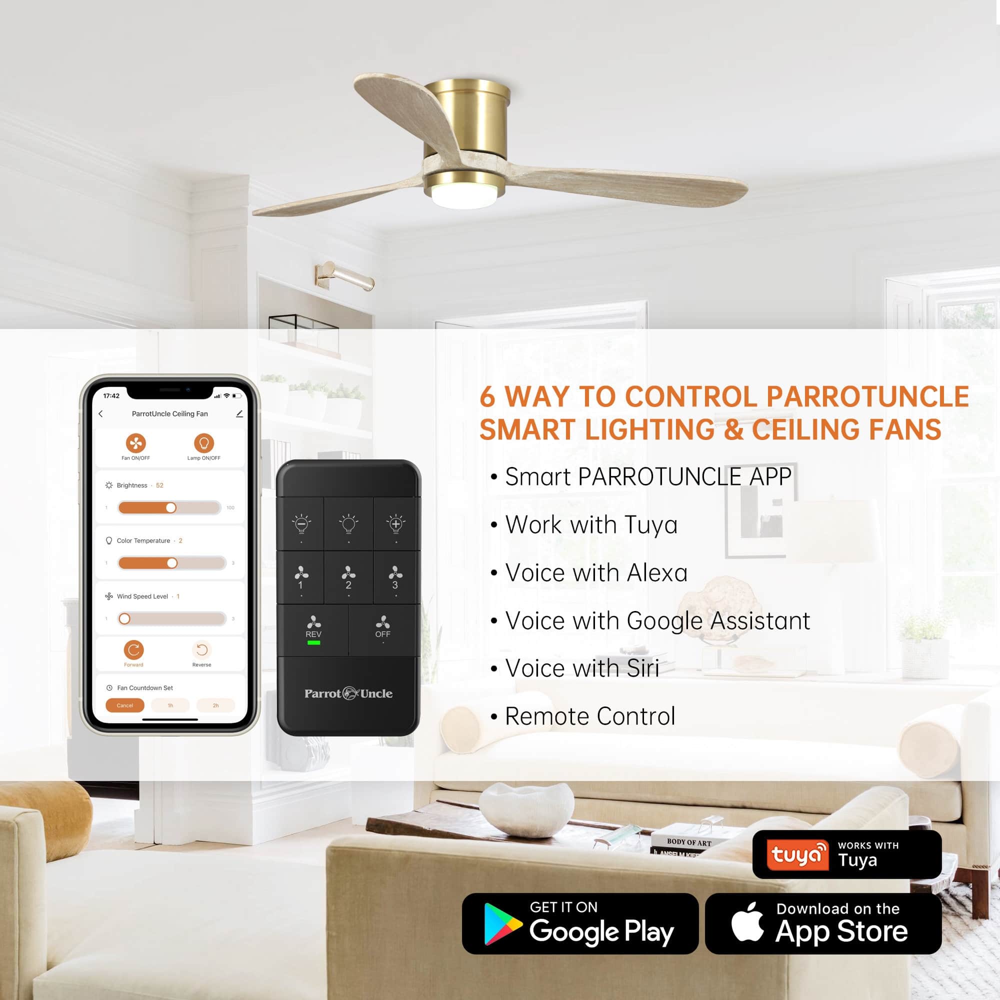 52" Gold Low Profile Smart Ceiling Fan works with Google Assistant and Alexa On Sale Bed